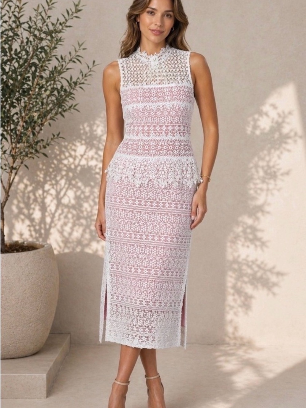 French Connection White Crochet Midi Dress with Pink Lining